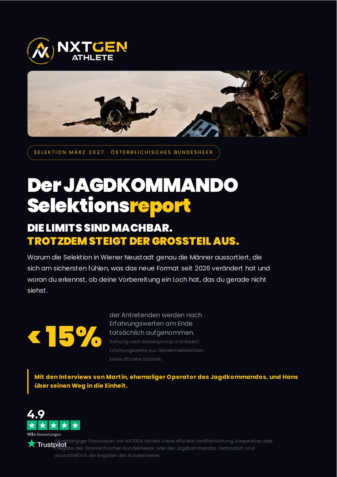 Jagdkommando Selektionsreport 2027 — Titelseite des Praxisreports von NXTGEN Athlete