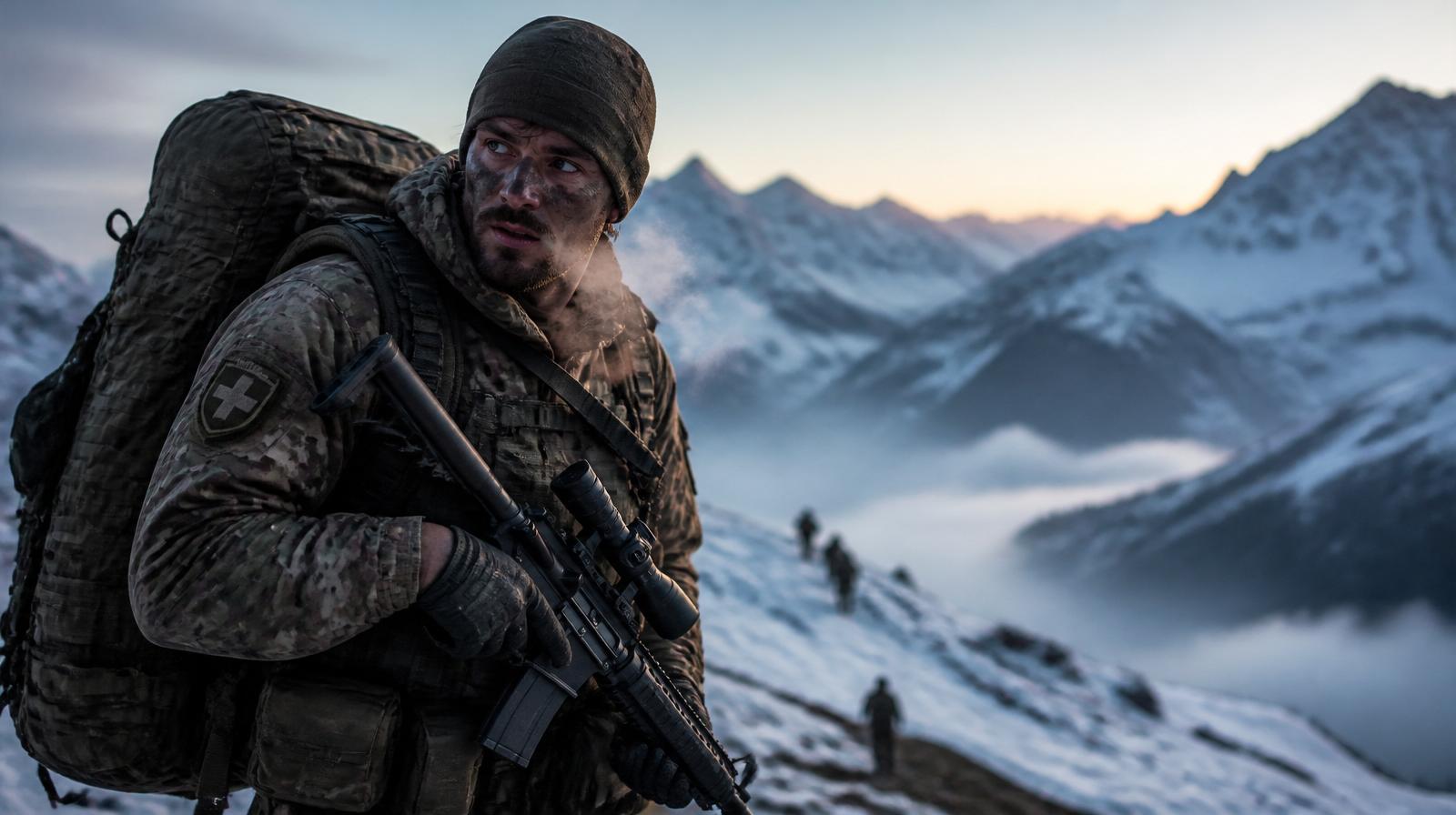 AAD-10-Soldat in Tarnausrüstung beim alpinen Marsch unter schwerer Last bei Morgendämmerung — Schweizer Alpen im Hintergrund