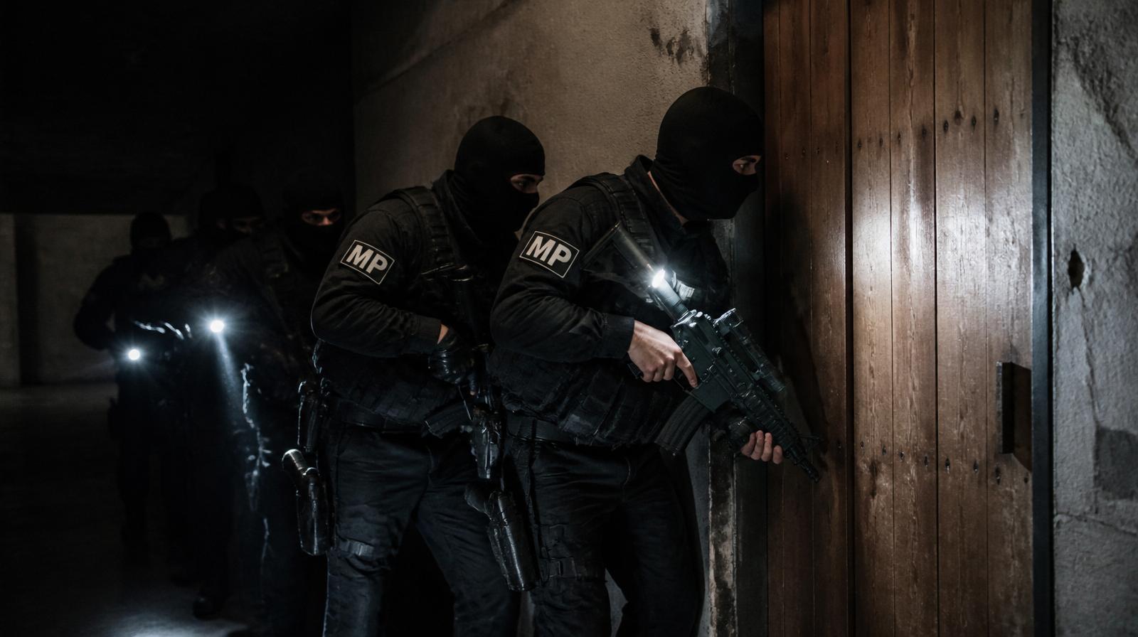 MP-Spez-Det-Zugriffsteam in schwarzer Taktikausrüstung mit MP-Patches im Stack vor einer Holztür — urbanes Trainingsszenario bei Nacht