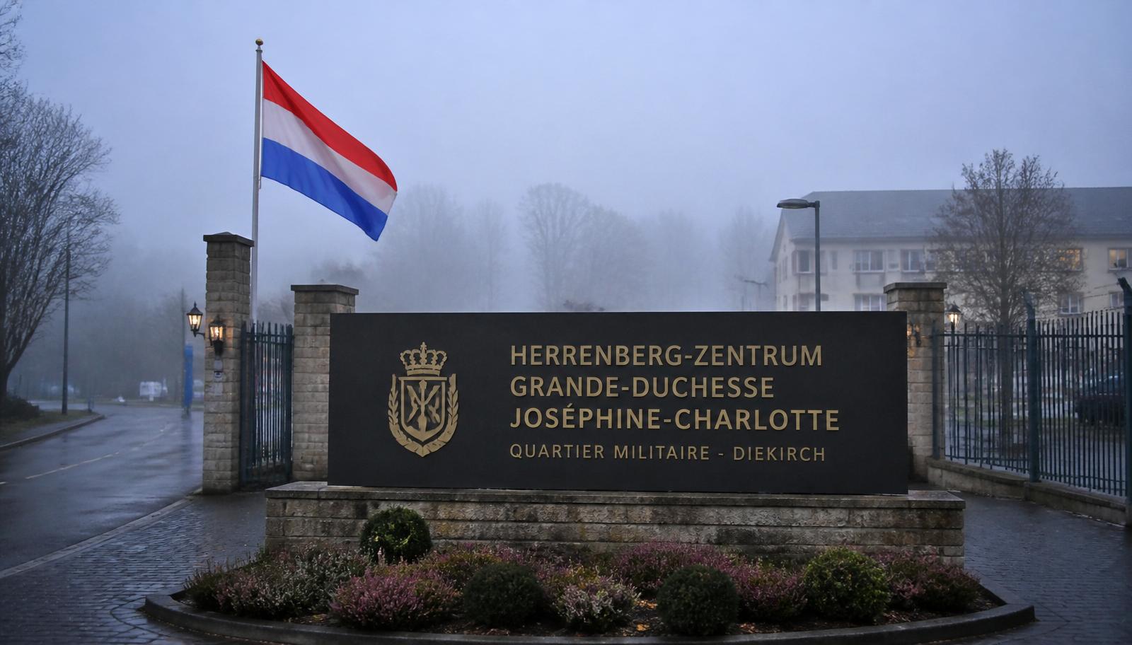 Eingangsschild des Herrenberg-Zentrum Grande-Duchesse Joséphine-Charlotte in Diekirch mit wehender Luxemburg-Flagge im Nebel.
