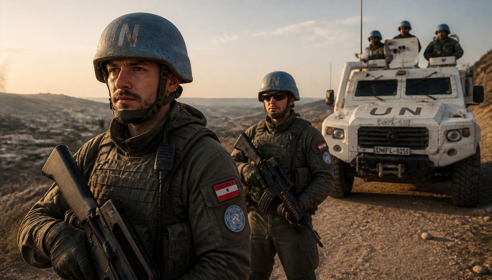 Österreichische UN-Blauhelme mit Austria-Ärmelabzeichen im UNIFIL-Einsatz vor einem weißen UN-Geländewagen bei goldenem Licht in einer nahöstlichen Landschaft.