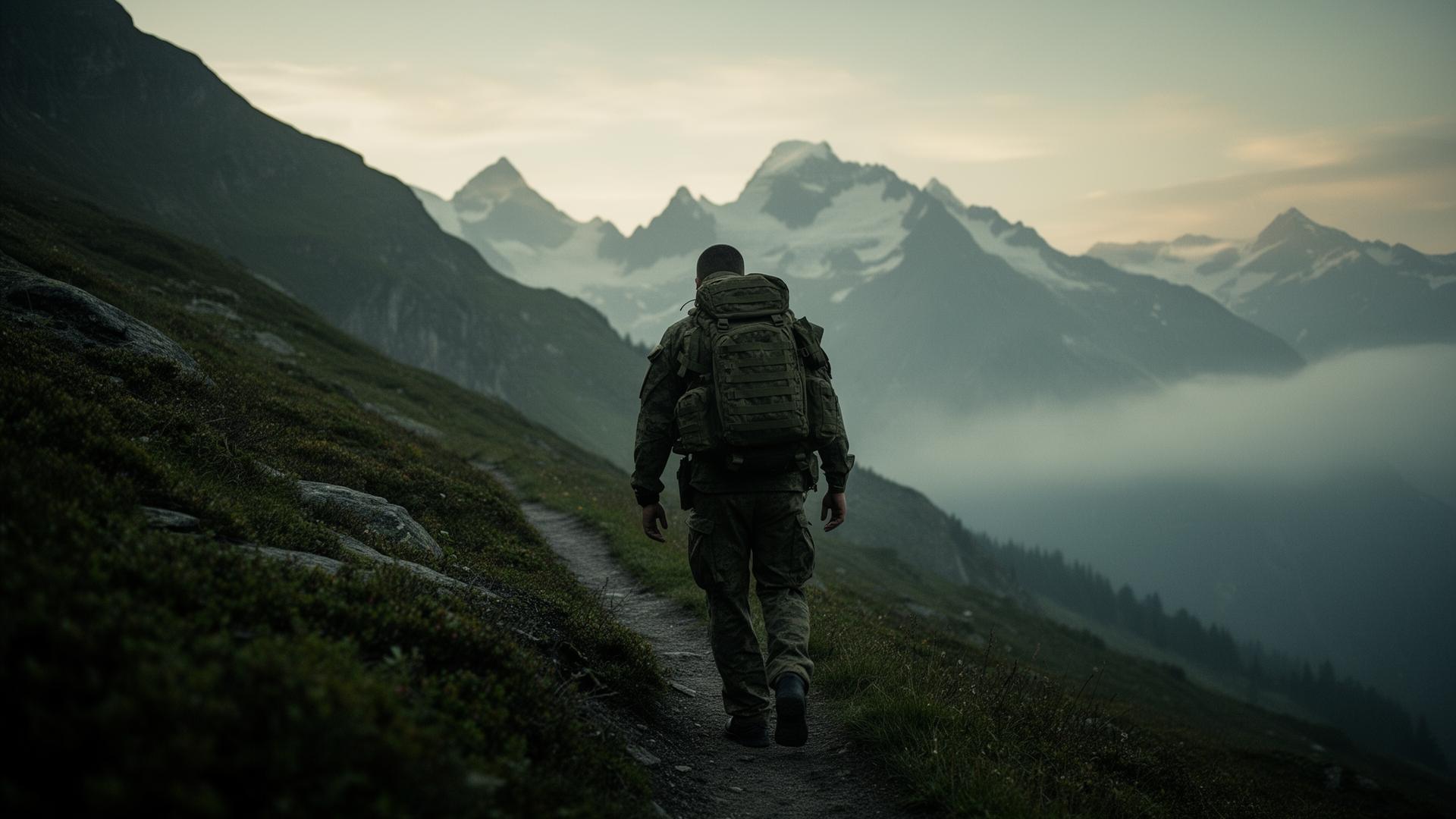 Soldat beim bergauf Marschieren mit schwerem Rucksack im Morgennebel