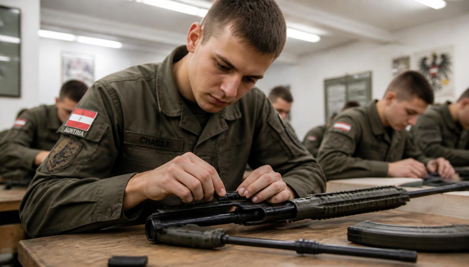 Junger österreichischer Bundesheer-Rekrut in olivgrüner Tarnjacke zerlegt ein StG 77 (Steyr AUG) Sturmgewehr auf einem Holztisch in einem Kasernen-Unterrichtsraum, weitere Rekruten im unscharfen Hintergrund.
