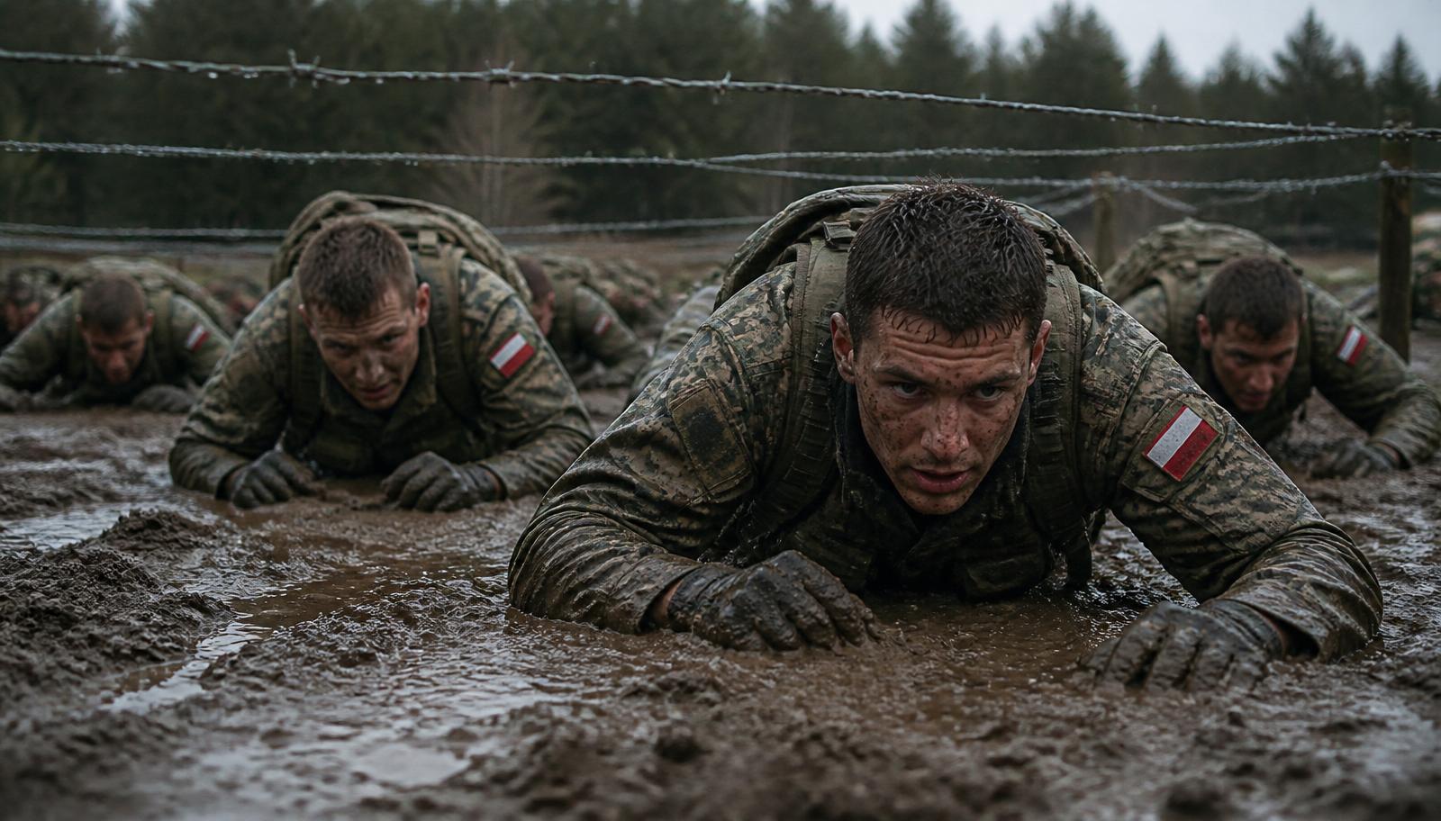 Österreichische Bundesheer-Rekruten kriechen unter Stacheldraht durch Schlamm während einer Gelände-Übung im Wald, volles Kampfgepäck, Regen, konzentrierte Gesichter.