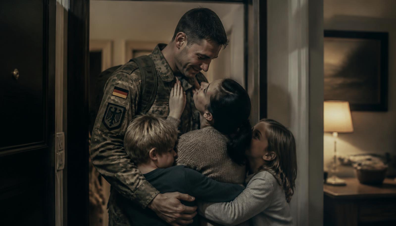 Bundeswehr-Soldat umarmt Familie nach Dienst, Familienzuschlag und Trennungsgeld
