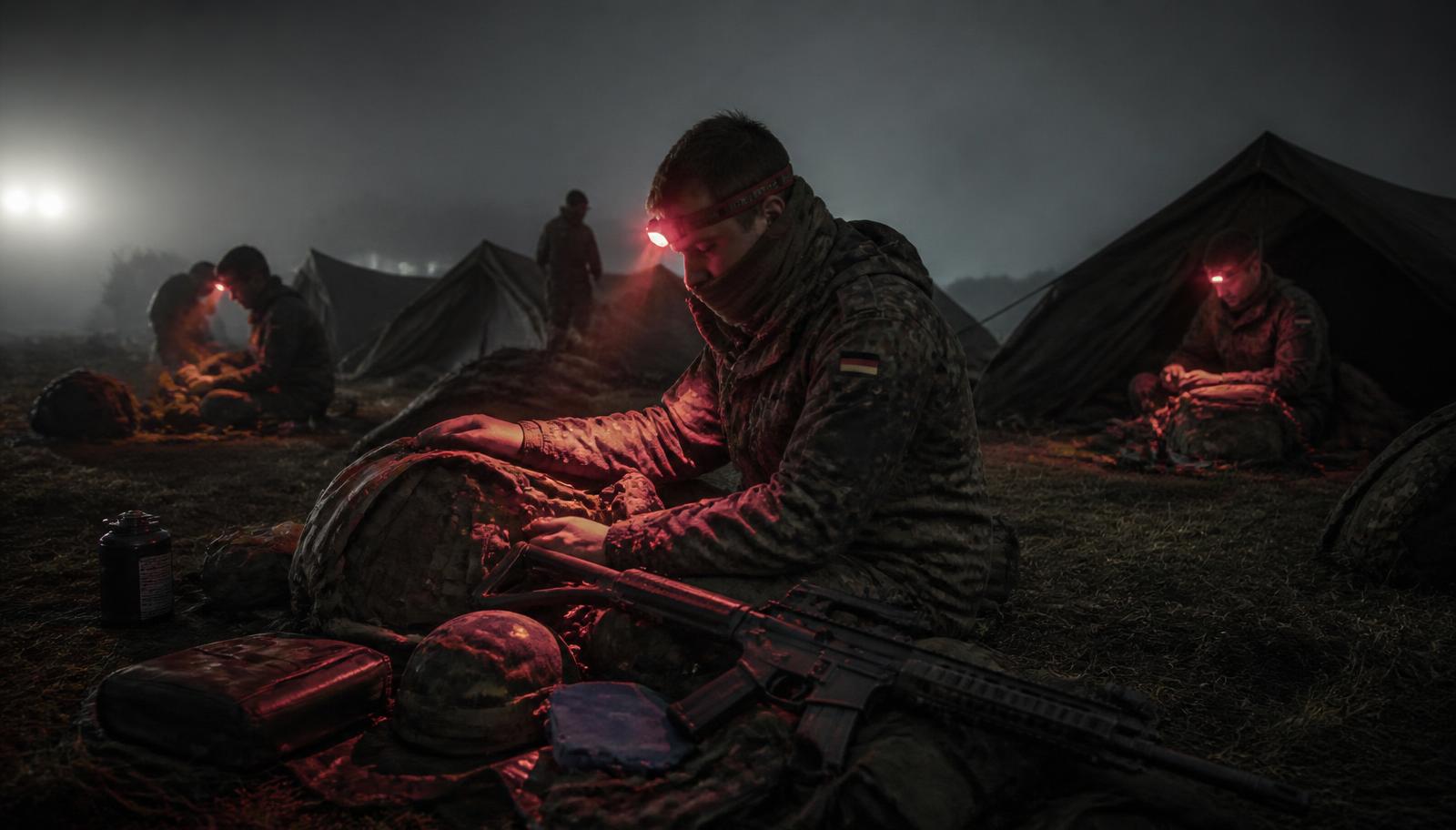 Soldaten im Biwak bei Nacht mit Rotlicht-Stirnlampen und aufgebauten Zelten im Nebel