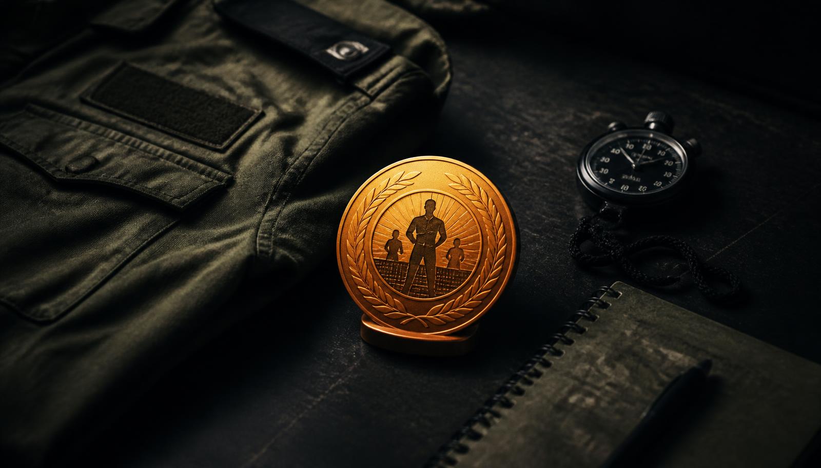 Goldene Auszeichnung neben Feldjacke, Stoppuhr und Trainingslogbuch auf dunklem Untergrund