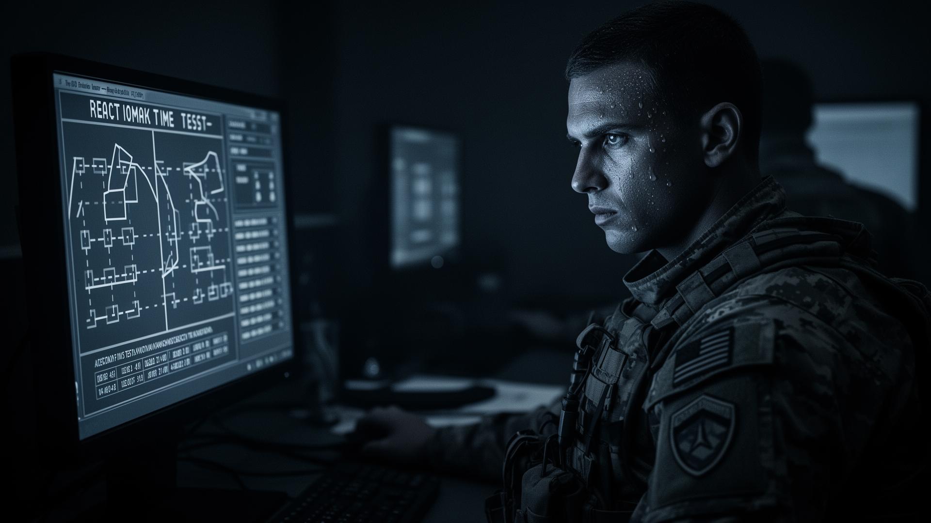 Bewerber in Uniform am Computer-Terminal beim kognitiven Test des Wiener Testsystems unter Erschöpfung