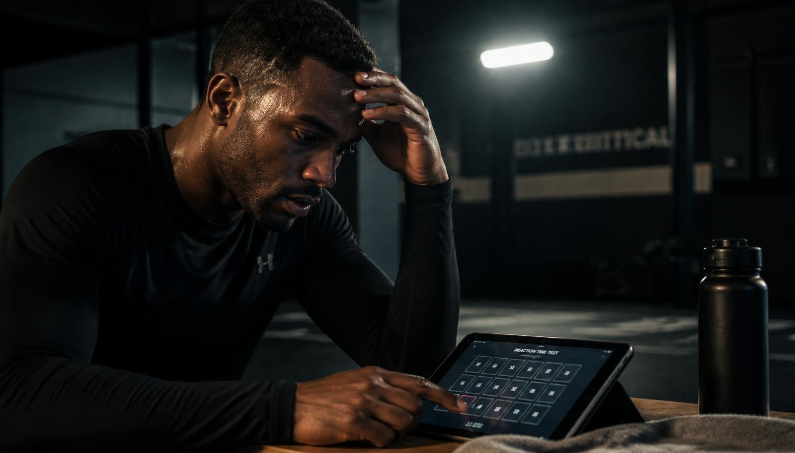 Erschöpfter Athlet absolviert nach harter Trainingseinheit einen Reaktionstest am Tablet