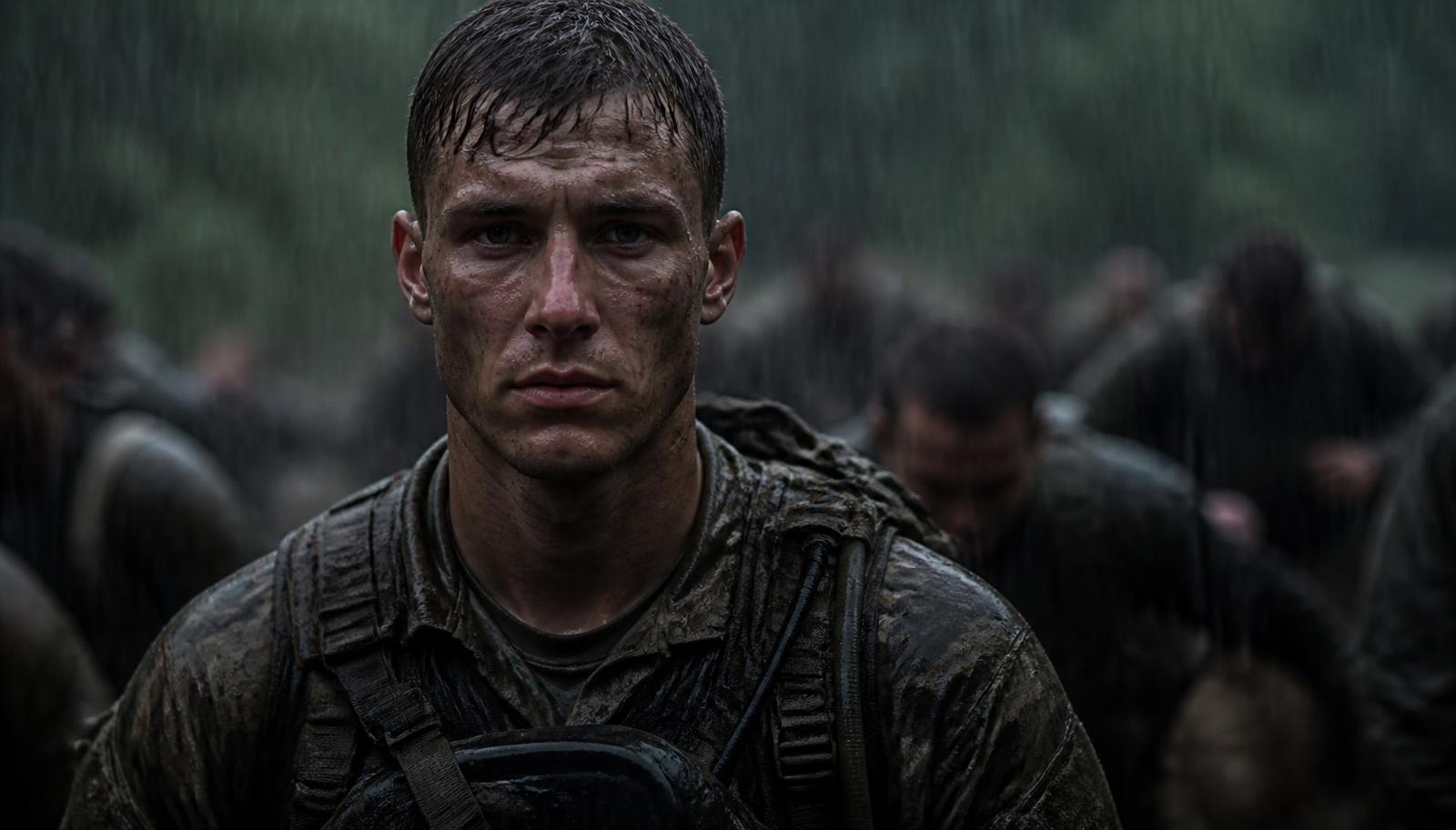 Soldat steht ruhig im Regen während eines Auswahlverfahrens, erschöpft aber fokussiert