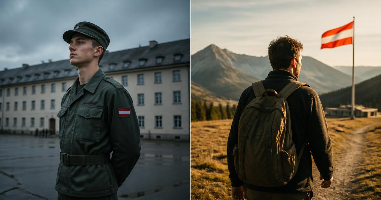 Zwei Bundesheer-Soldaten in der Morgendämmerung — links in voller KPE-Ausrüstung mit Sturmgewehr, rechts in Feldbluse mit Zivilrucksack. Sinnbild für die Wahl zwischen Berufsheer und Miliz.