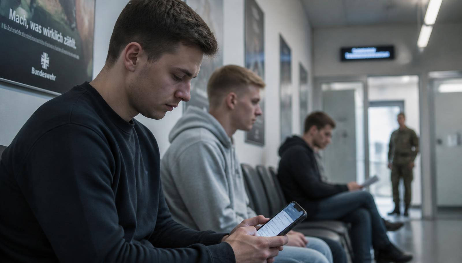 Junge Männer warten im Karrierecenter der Bundeswehr, einer füllt den Online-Fragebogen zur Wehrerfassung aus