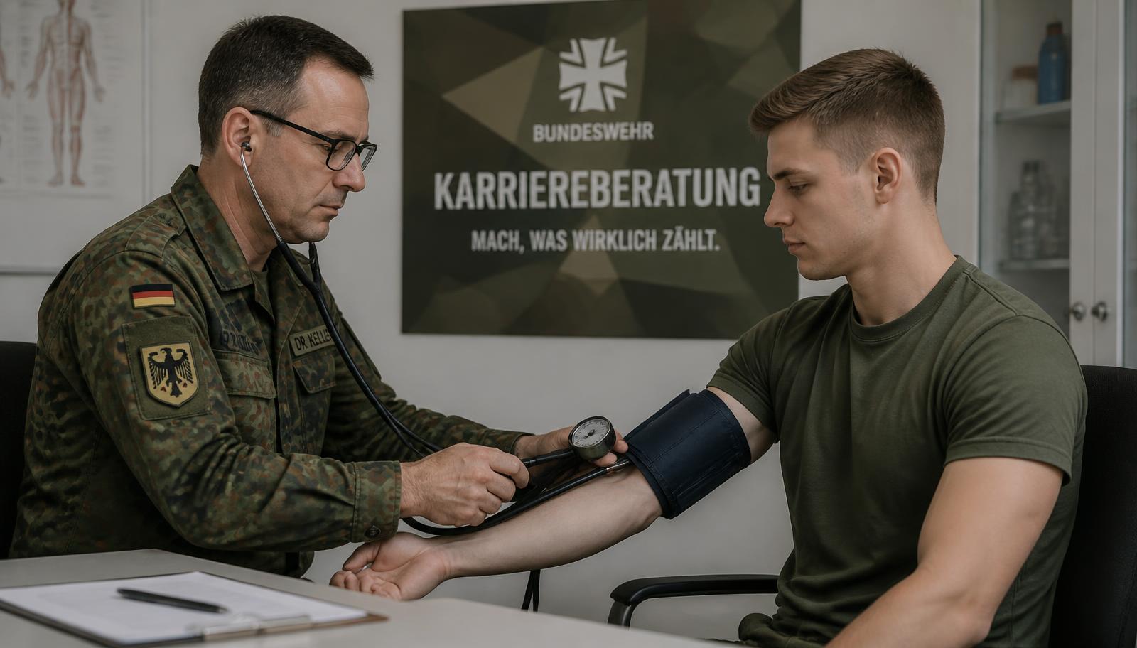 Sanitätsoffizier misst bei einem jungen Rekruten während der Musterung im Karrierecenter den Blutdruck