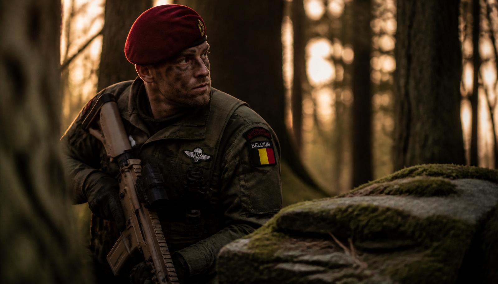 Belgischer Para-Commando in olivgrüner Feldbluse mit rotem Barett und Para-Wings, kniend im Ardennenwald bei goldenem Licht, FN-SCAR-Gewehr in der Hand.