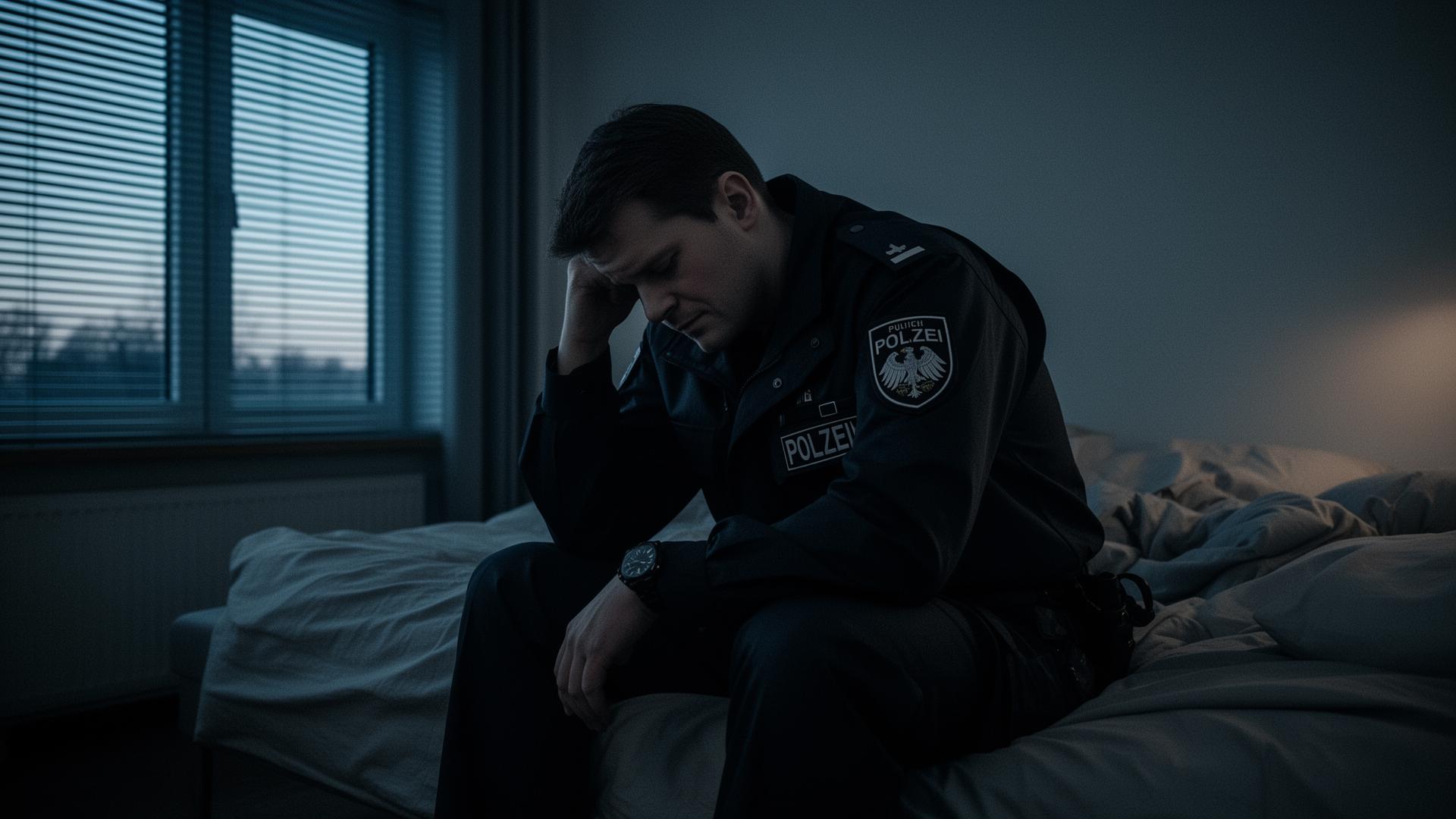 Erschöpfter Polizist in Uniform nach der Nachtschicht — Schichtdienst Gesundheit