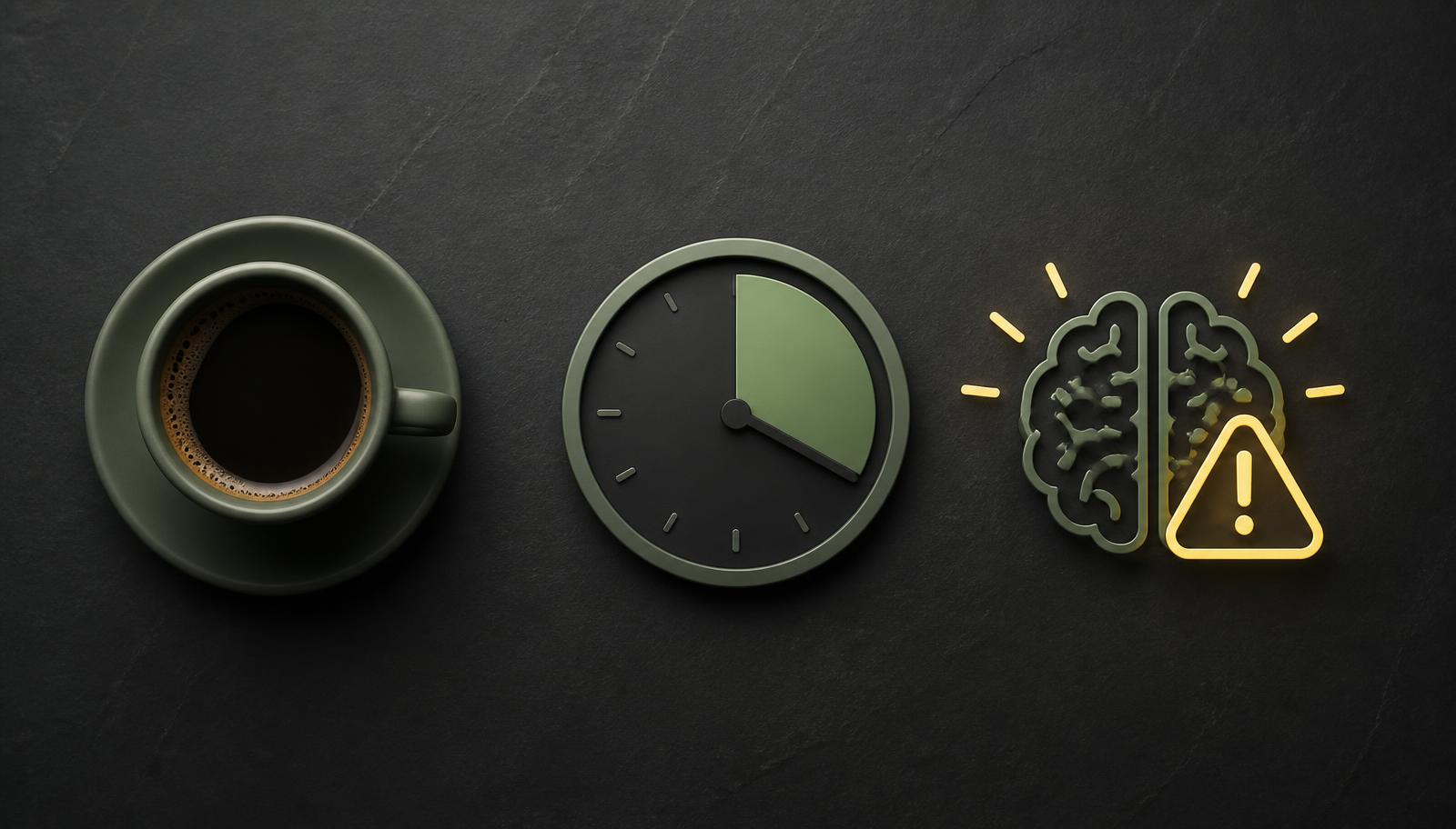 Kaffeetasse, Uhr und Gehirn-Symbol für den Caffeine-Nap