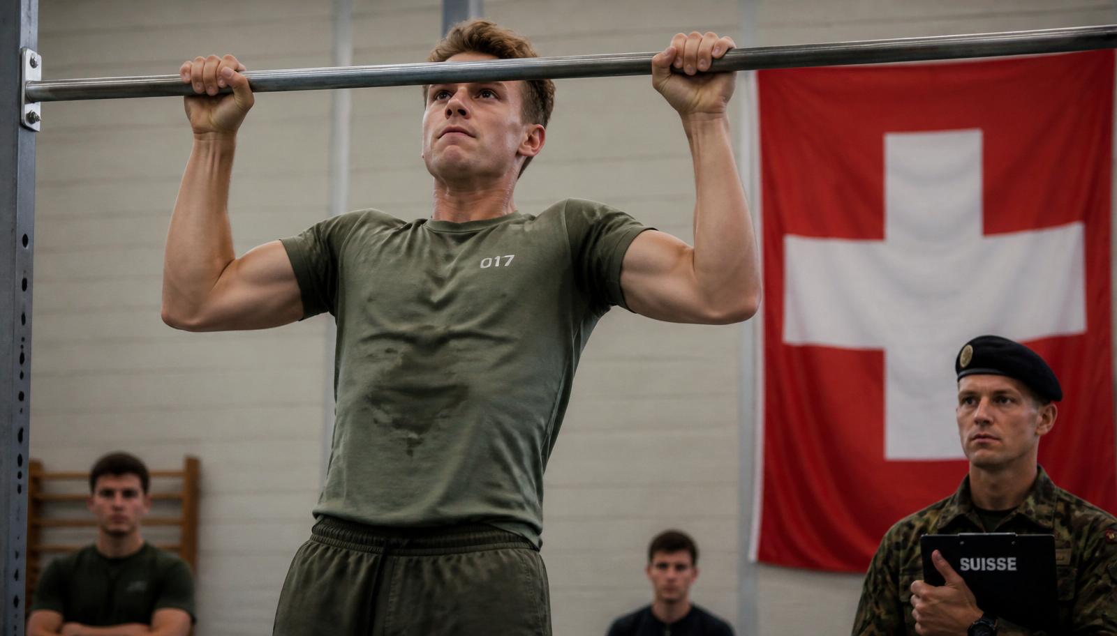 Junger Mann führt im Rahmen des Fitnesstests der Armee einen Klimmzug an einer Barriere aus, im Hintergrund die Schweizer Fahne mit weißem Kreuz.
