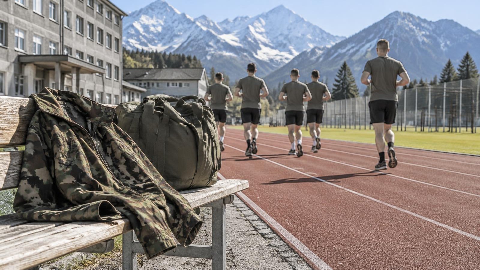 Rekruten beim Lauftraining auf einer Rundbahn neben einer Schweizer Kaserne