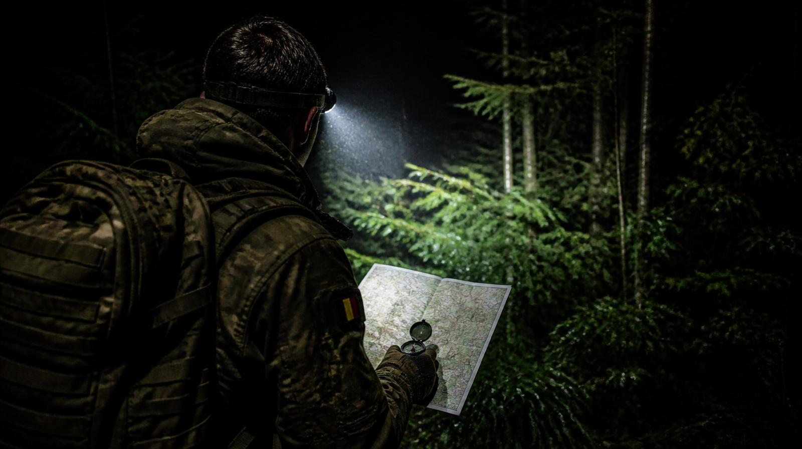 Belgischer SFG-Kandidat bei Nachtnavigation im Ardennenwald mit Karte, Kompass und Stirnlampe während der Tenderfeet-Übung — 100 km Kartenmarsch in 48 Stunden.