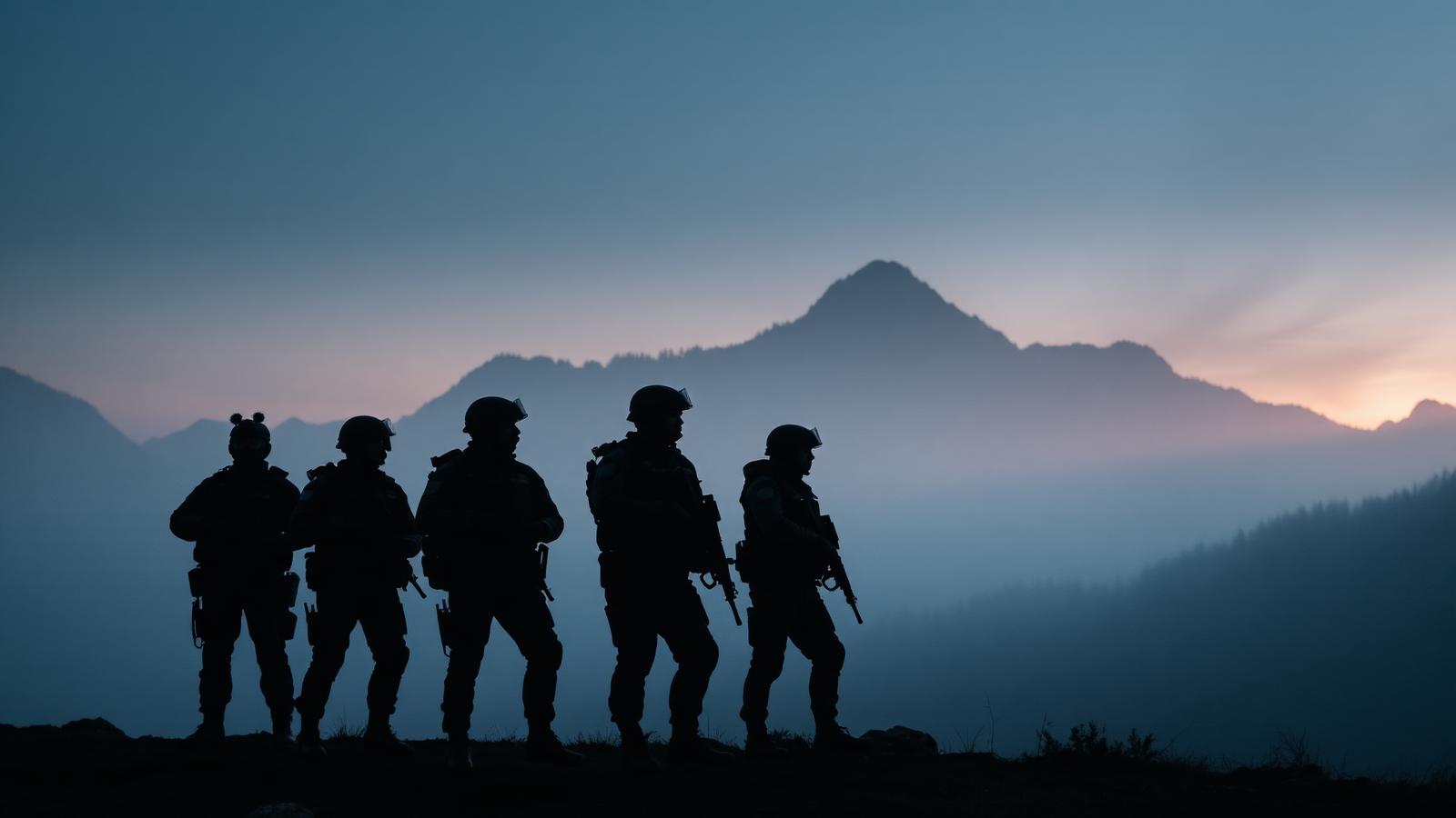 Silhouetten von Spezialkräften in taktischer Ausrüstung vor nebliger Bergkulisse in der Morgendämmerung