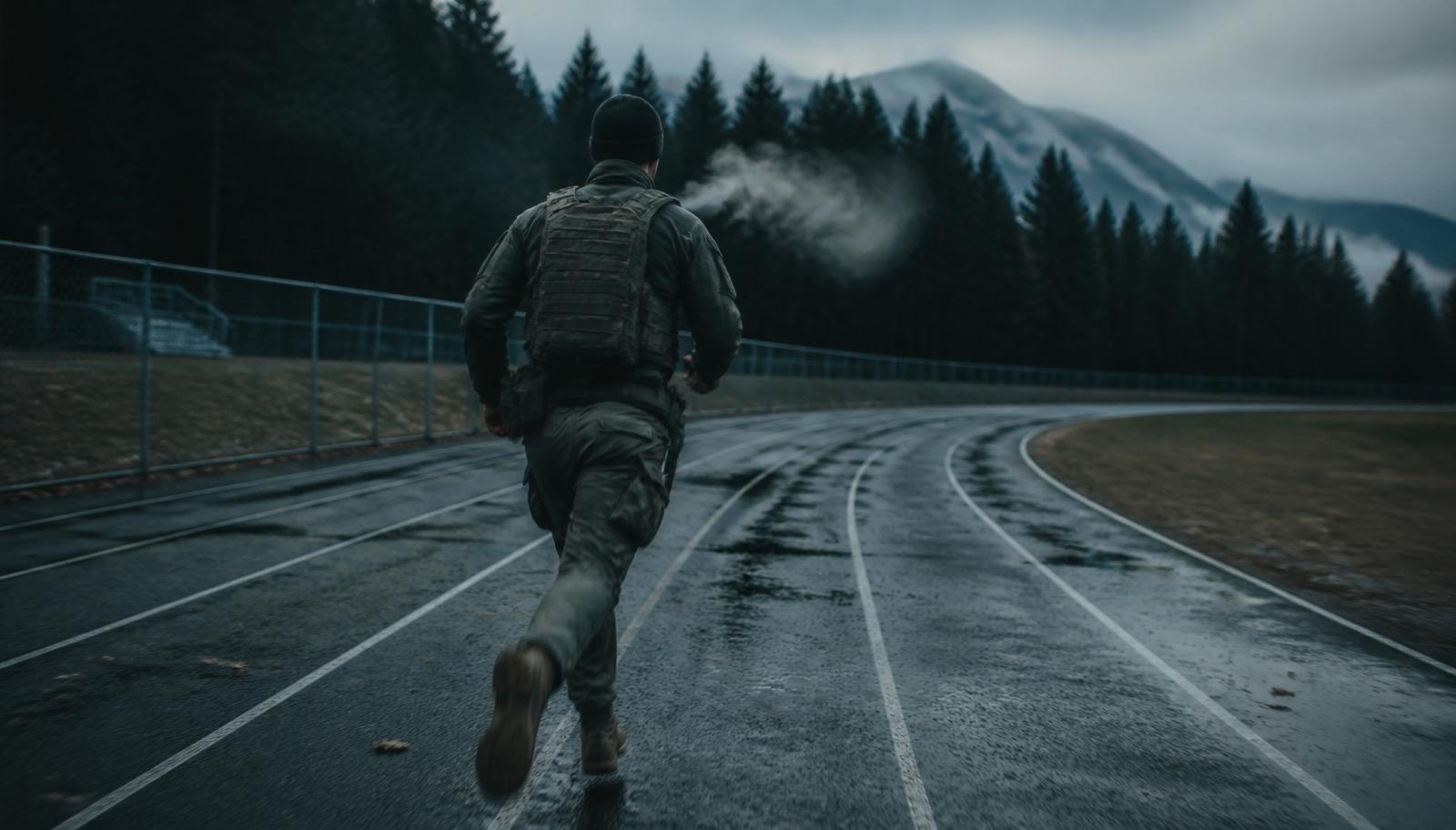 Soldat läuft im Morgengrauen auf nasser Aschenbahn mit Weste — Symbolbild für den 12-Minuten-Lauf