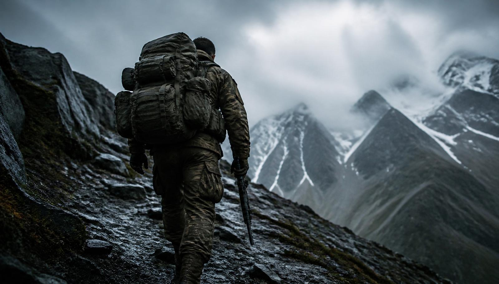 Soldat mit schwerem Rucksack und Gewehr steigt einen steilen Alpenpfad hinauf — Symbolbild für Gepäckmarsch und Lasttragen