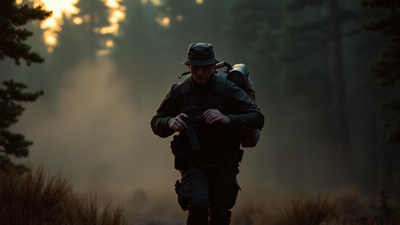 Soldat in taktischer Ausrüstung beim Lasttragen durch nebligen Kiefernwald im Morgenlicht