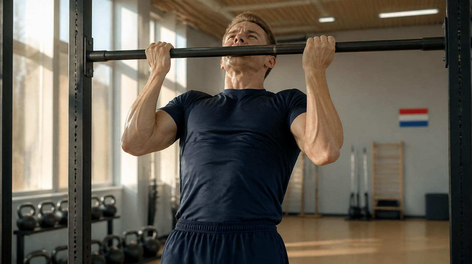 Luxemburger Polizeianwärter beim Klimmzug-Sporttest in einer hellen Trainingshalle, Luxemburger Flagge im Hintergrund.