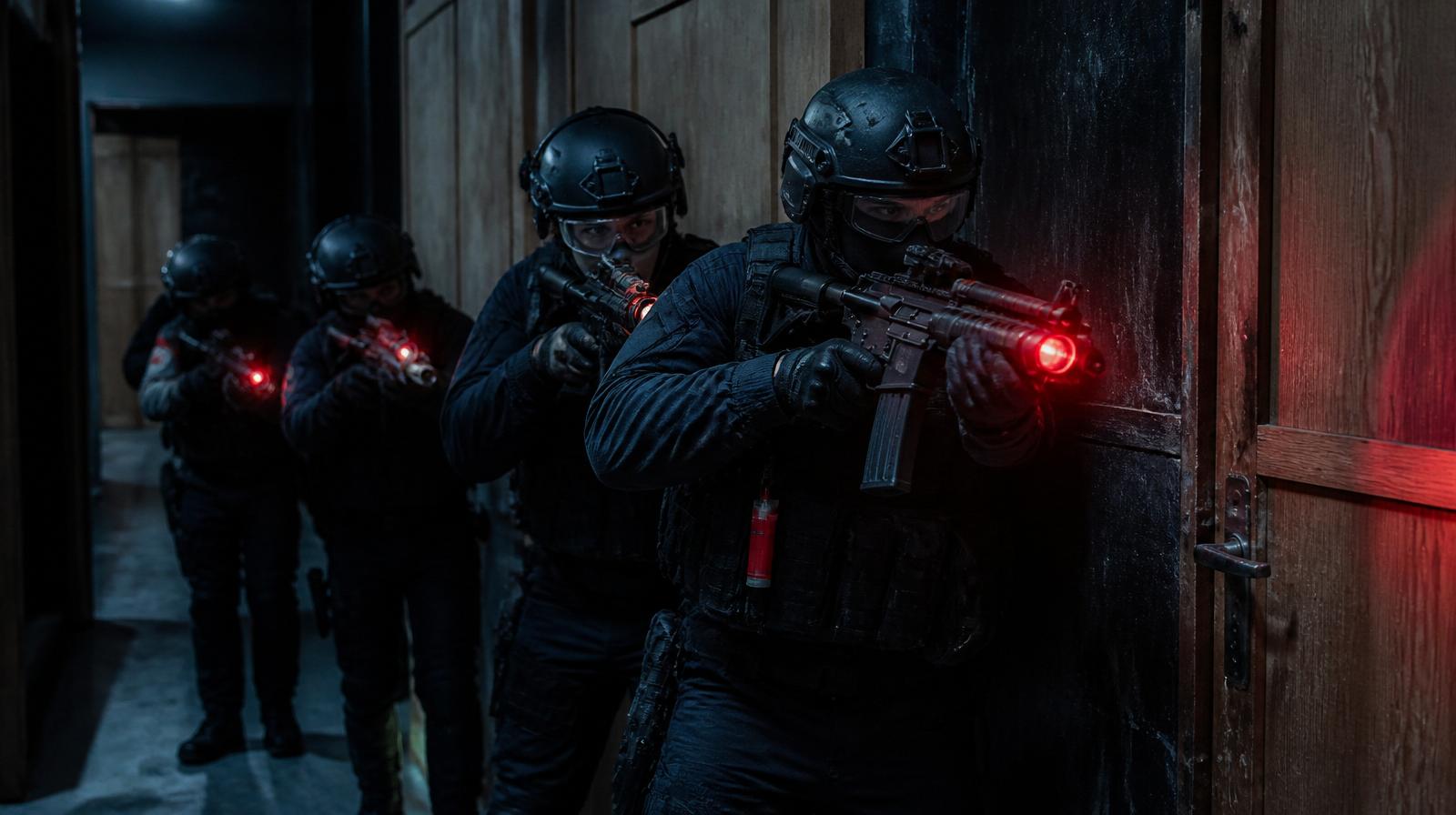 Vier USP-Operator in dunkler Taktikausrüstung stapeln sich an einer Tür während eines CQB-Trainings, rote Waffenlichter im dunklen Flur.