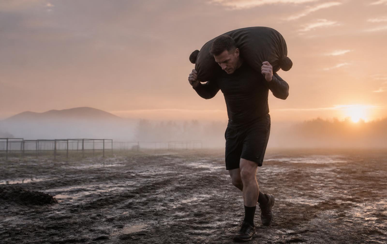 Athlet trägt eine Last über ein Hindernis in einer dunklen Trainingshalle, Symbolbild für taktische Athletik